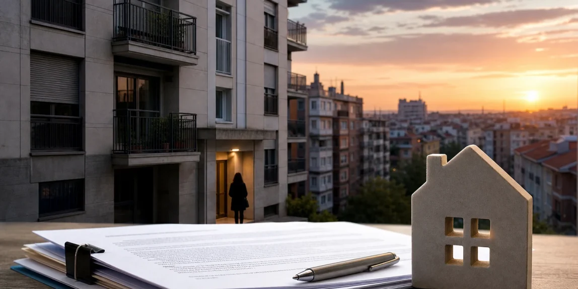 Ilustración editorial de edificios residenciales y documentos que representa la negociación del decreto de vivienda.