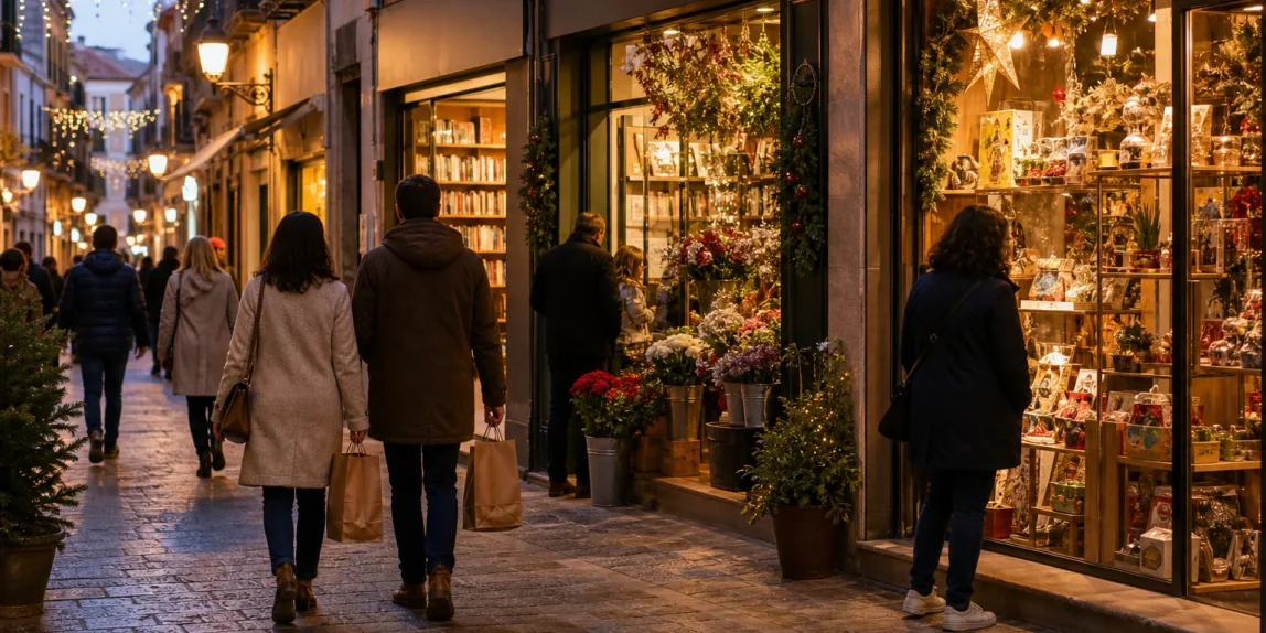 Calle comercial con pequeñas tiendas y personas realizando compras durante la campaña de Navidad.