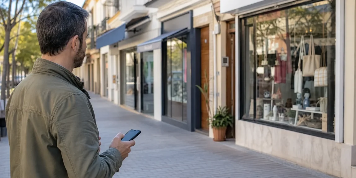 Persona consulta el móvil ante comercios locales en una calle de barrio