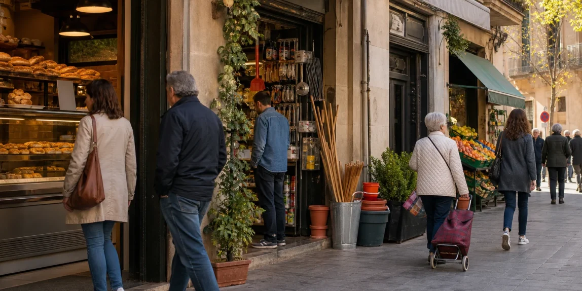 Vecinos comprando en pequeños comercios de una calle de barrio