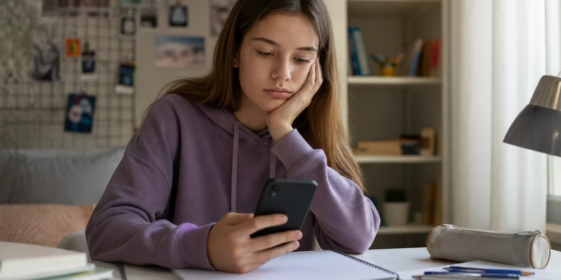Adolescente reflexionando frente a su móvil junto a materiales escolares
